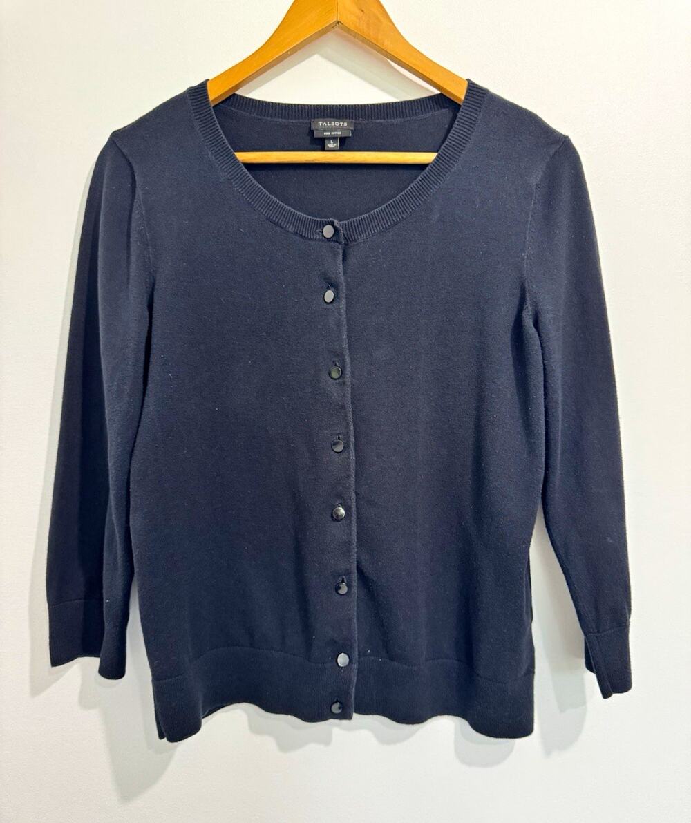 Talbots Women's Black Round Neck Long Sleeve Button Front Cardigan Size L#1079